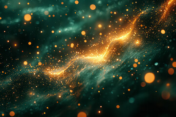 Fototapeta premium A radiant display of twinkling golden bokeh lights glowing on a deep green canvas, evoking a celebratory mood,