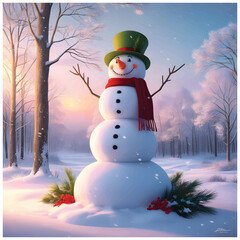 Obraz premium Cheerful Snowman in Winter Forest at Sunset, Photo snowman background winter landscape