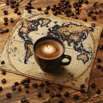 Vibrant world map design with a coffee cup in the foreground surrounded by scattered roasted coffee beans for International Coffee Day concept