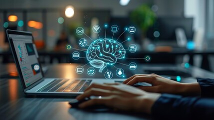 Hands typing on a laptop with a digital brain and icons representing artificial intelligence in the background.