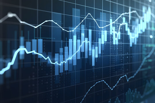 Stock market graph with fluctuating blue lines, set against futuristic geometric shapes