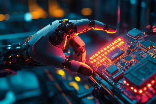 A futuristic robotic hand interacts with a glowing circuit board. This represents advanced technology and innovation. Explore the blend of AI and hardware. Generative AI