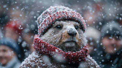 Obraz premium A groundhog bundled up in a knitted hat and scarf, covered in snowflakes, stands amid a festive crowd during a winter snowfall.