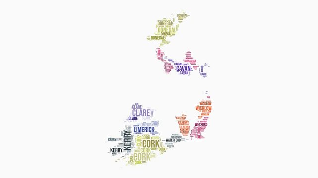 Ireland regions word cloud animation. Country logo animated video. Ireland colored text cloud. Regions typography style motion graphics. Modern video.