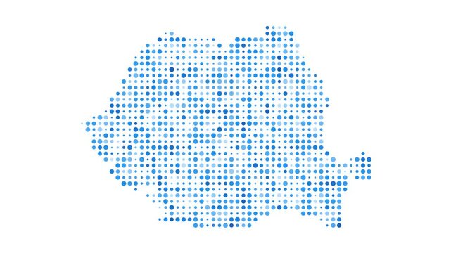 Romania dotted digital map. Map of Romania with pulsating colored circles. Shape of the country filled with blue disks. Awesome video.