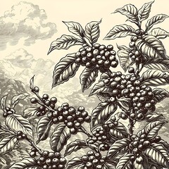 Elegant and precisely detailed drawing of a coffee plant branch with vibrant coffee berries and lush foliage