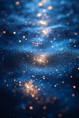 Obraz premium A swirl of glowing silver bokeh lights on a vibrant blue canvas, evoking a frosty festive mood,