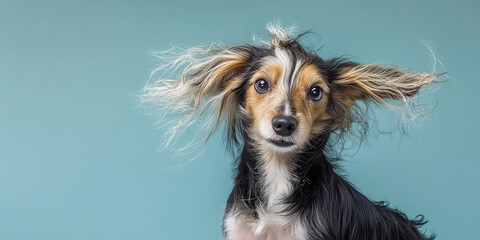 Naklejka premium Portrait of a dog with long tangled and fluffy hair on a simple colored background with copy space. Grooming salon banner template