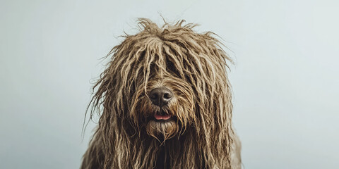 Portrait of a dog with long tangled and fluffy hair on a simple colored background with copy space. Grooming salon banner template