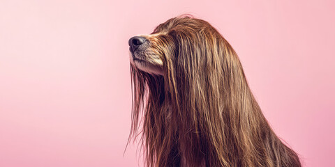 Portrait of a dog with long tangled and fluffy hair on a simple colored background with copy space. Grooming salon banner template