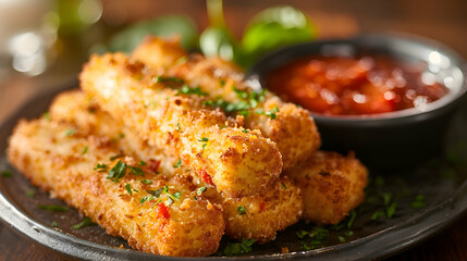 Fototapeta premium Mozzarella sticks served with a side of marinara sauce