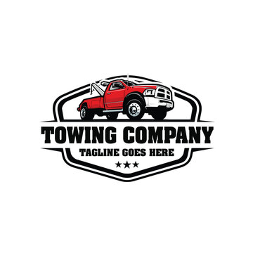 Towing company emblem logo vector isolated. Ready made template set logo for towing and wrecker industry