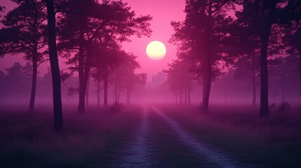 Fototapeta premium forest path shrouded in pink mist under a full moon, illustration, wallpaper
