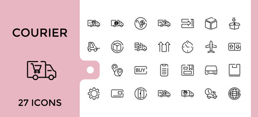 Set of courier line icons. Delivery service icons collection. showing delivery man delivering packages with transport, outline symbol pack. Editable stroke. Pixel perfect.