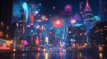 Fototapeta premium A night scene of the city with bright fireworks cascading in the sky, with party decorations and lights ready for a New Year’s celebration 