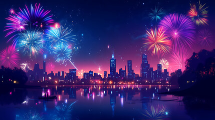 Fototapeta premium A vibrant fireworks display lighting up the night sky over a bustling city skyline, with reflections in a nearby river 