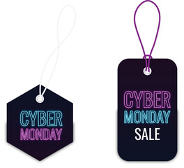 Cyber monday sale neon label.Cyber ​​Monday sale tag with cord. Text and title with neon light effect.