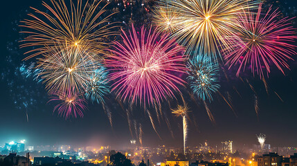 Naklejka premium A colorful burst of fireworks high in the sky, with the city’s illuminated buildings and streets below, celebrating the New Year 