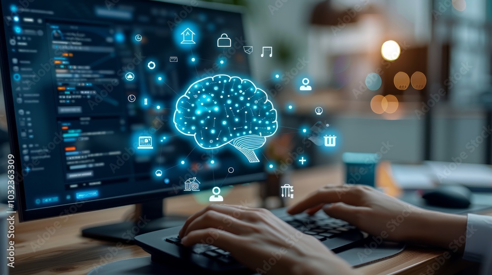 Poster person working on computer with a glowing brain icon floating above it.