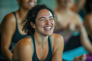 Smiling Woman Enjoying Relaxation During Yoga Class, A joyful woman with curly hair smiling during a group yoga session, embracing a moment of relaxation and mindfulness in a wellness setting.


