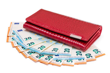 Red Leather Women Purse with Different Euro Banknotes - Isolated on White Background. A Wallet Full of European Union Paper Money Symbolizing Wealth, Success and Social Status - Isolation