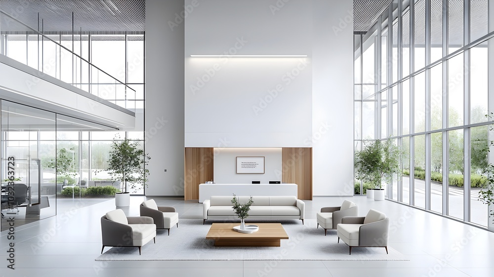 Poster overhead view of a modern minimalist office lobby featuring clean lines scandinavian influenced furn