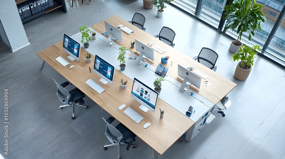 Poster Empty modern workspace with computers lined up on a large table seen from above  Overhead view of a clean minimalist office setup with electronic devices neatly organized on a professional