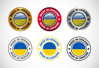 Made in Ukraine label icon with flag. Icon set for business, badge, seal, sticker, logo, and symbol