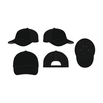 Realistic 5-Panel Trucker Cap Mockup Set - Ideal for Headwear Design Illustrations with Various Angles of Black Caps and Baseball Hats