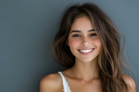 Portrait of a beautiful young latin woman smiling. Pretty model girl isolated background, Generative AI