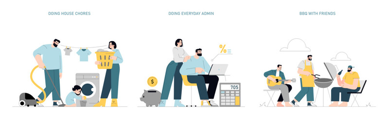 One Day Of Commercial Fishing. Flat Vector Illustration