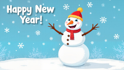 Fototapeta premium Snowman illustration with a cheerful mood wearing a red and yellow hat in a snowy background for New Year