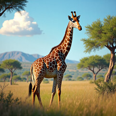 Fototapeta premium Giraffe stands in a grassy field with trees in the background