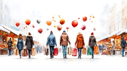 Naklejka premium A Joyful Watercolor Shopping Spree in a Vibrant Street Filled with Balloons and Excitement. Shopping Sprees Concept