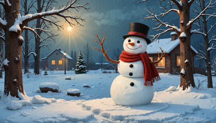 Obraz premium Snowman illustration with festive mood in snowy landscape for New Year
