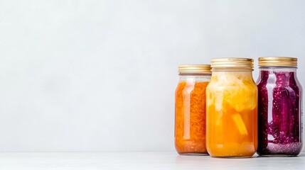 A cozy kitchen scene with jars of fermented vegetables and homemade probiotic drinks, Cozy kitchen, fermentation, gut-boosting foods made at home