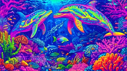 Neon Dolphins in a Coral Reef