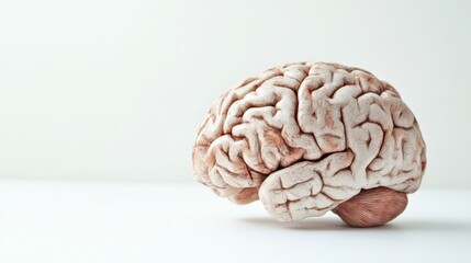 Close-up of a human brain model displaying visible age-related changes, including wrinkles and discoloration, on a white background with ample copy space. Focus on the natural aging	brain.