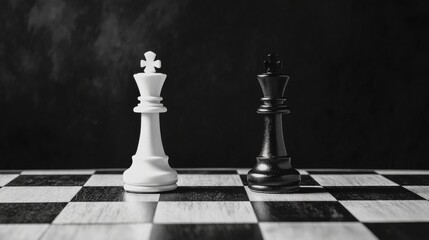 Black and white chess pieces on a chessboard, dramatic light, isolated background.