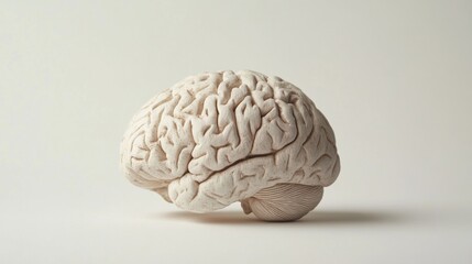 Obraz premium Close-up of a human brain model displaying visible age-related changes, including wrinkles and discoloration, on a white background with ample copy space. Focus on the natural aging brain.