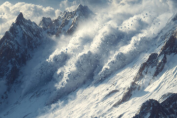 Fototapeta premium Snow avalanche cascading down the mountain slopes in winter