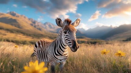 Fototapeta premium Close-Up of a Zebra in a Floral Landscape