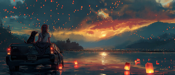 Fototapeta premium Silhouette Of Woman And Dog Watching Lanterns Rise