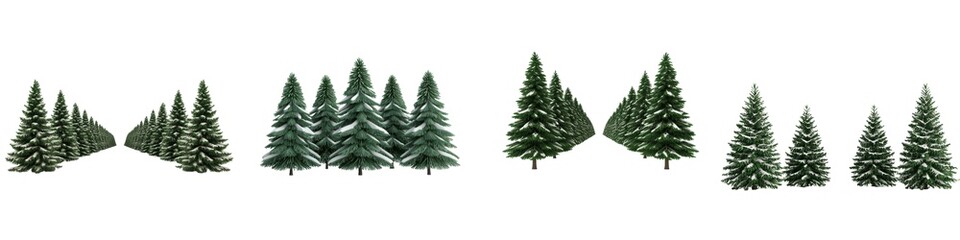 Obraz premium A row of various green coniferous trees, showcasing different sizes and shapes against a white background.