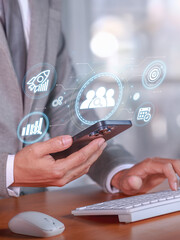 Naklejka premium Vertical photo of a Businessman Analyzing and Maximizing Web Visibility with SEO Strategies