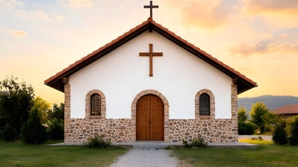 Majestic cross shaped church structure standing as a tranquil and peaceful spiritual refuge with charming cottage style surroundings intricate carved stonework