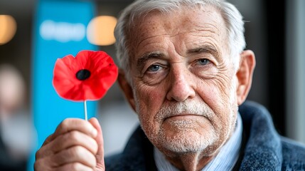 A solemn veteran holding a small flag and wearing a poppy flower at a remembrance event honoring and paying tribute to the sacrifices and service of military personnel
