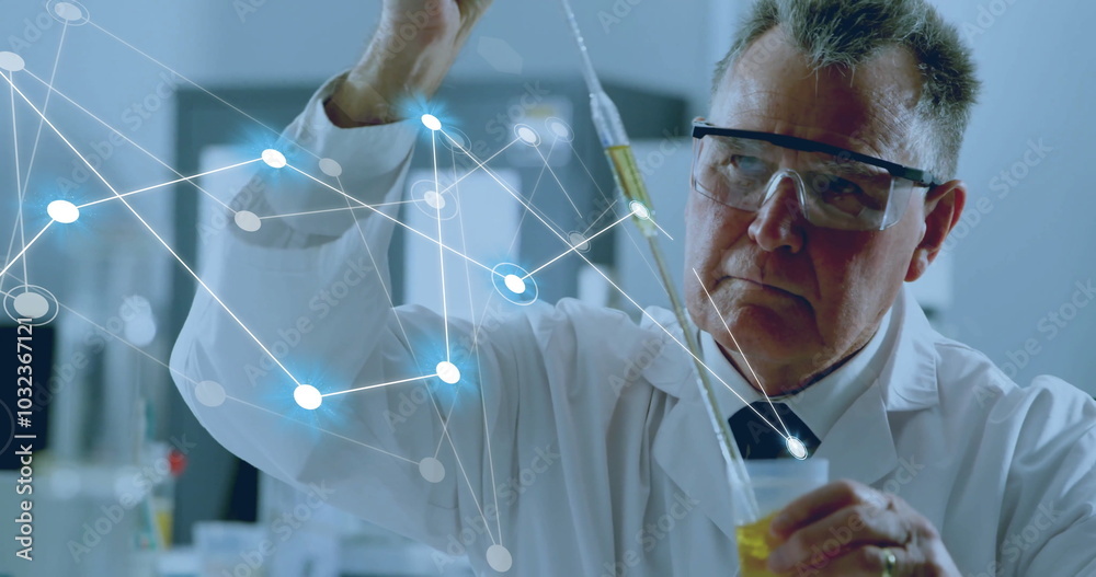 Canvas Prints image of network of connections over caucasian male scientist working in lab