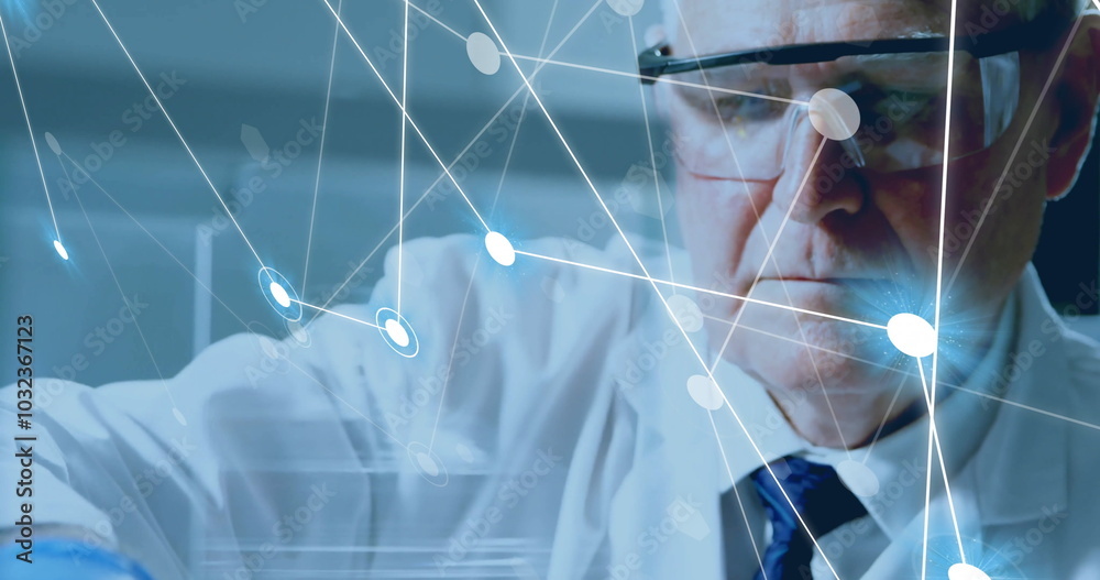 Canvas Prints image of network of connections over caucasian male scientist working in lab