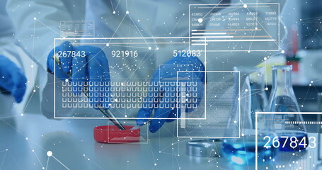 Image of network of connections and data processing over diverse scientists working in lab